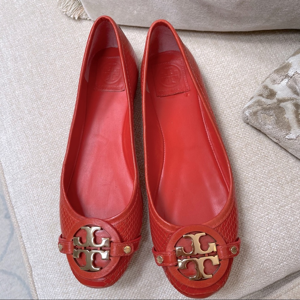 Tory Burch | Flats | Snake Print | Orange | Gold TB Medallion | 9